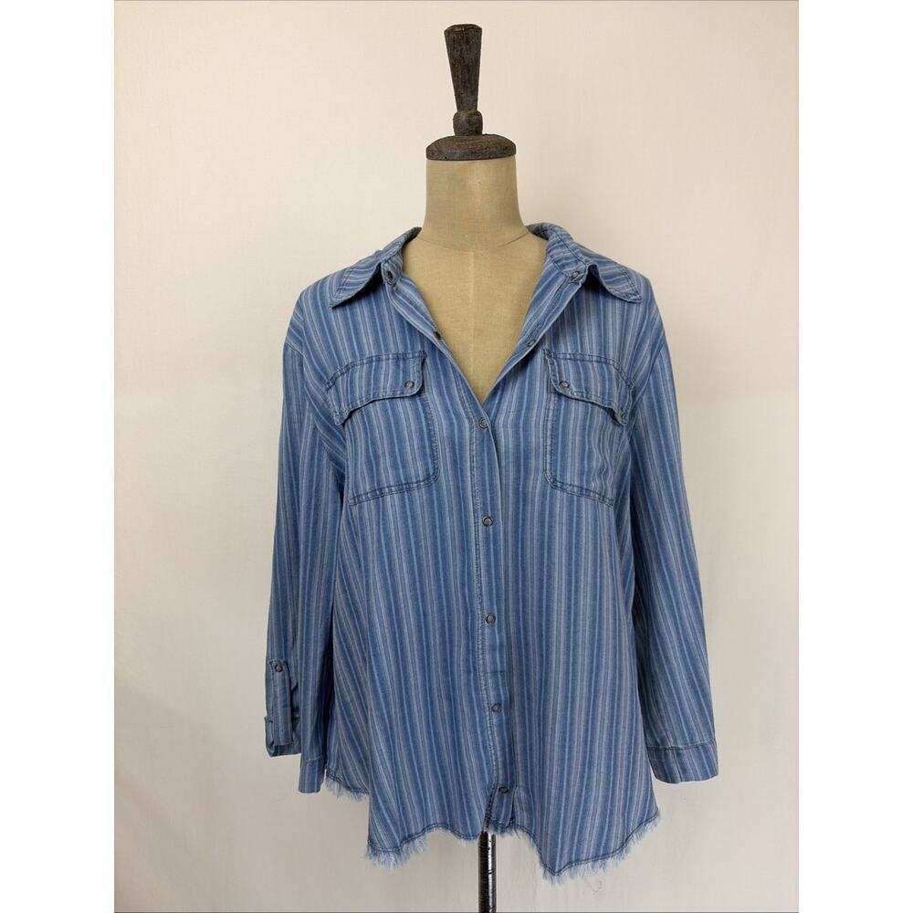 NWT XCVI Blue Striped Snap Up Tabbed-Sleeve Top #0652 Size XS